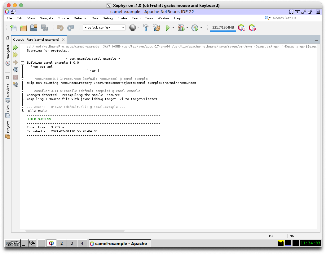 NetBeans running a build inside the nested Xephyr display, managed by IceWM, showing a successful Maven build